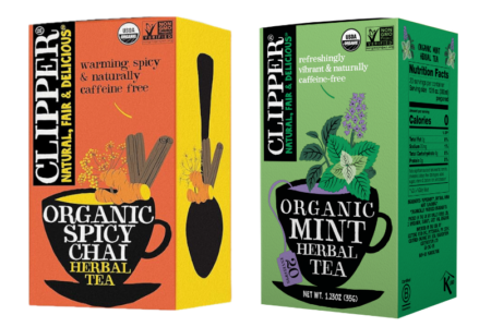 Two boxes of Clipper's new flavours mint and spicy chai