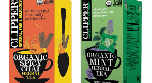 Two boxes of Clipper's new flavours mint and spicy chai
