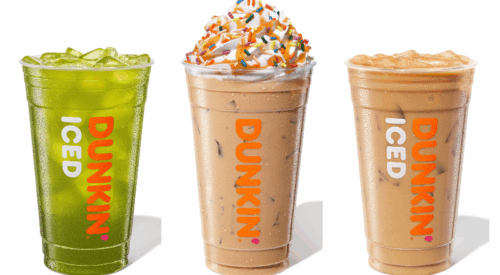 Dunkin' Kiwi Watermelon Refresher, Vanilla Frosted Donut Iced Signature Latte, Blueberry Donut Iced Coffee.