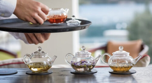 Herbal teas in glass teapots