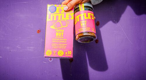 Little's Toffee Nut capsules and instant coffee products held up against purple background.