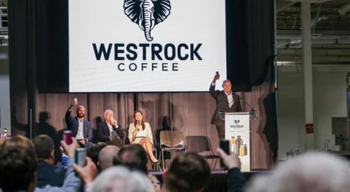 From left: Will Ford, group president of operations; Joe T. Ford, co-founder and chairman; Arkansas Gov. Sarah Huckabee Sanders, Scott Ford, co-founder and CEO of Westrock Coffee.